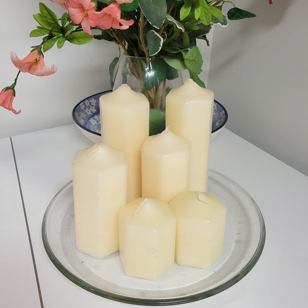 CANDLE LITE CANDLES HUGE SET WITH LARGE 11" CANDLE DISH. NEVER USED W/ lighter